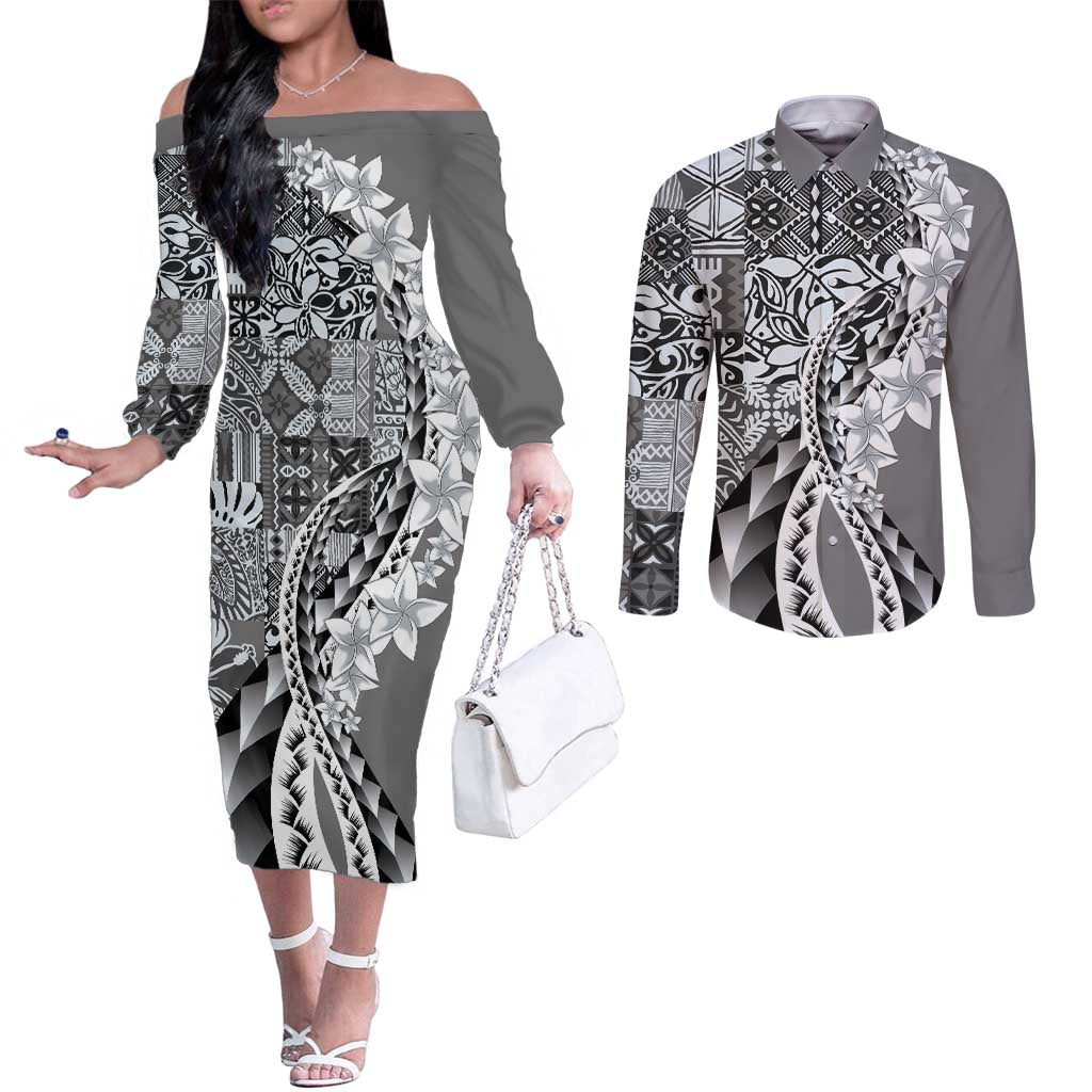 Aloha Vintage Plumeria Hawaiian Tapa Pattern Couples Matching Off The Shoulder Long Sleeve Dress and Long Sleeve Button Shirt Gray Hawaiian Tapa Pattern - Polynesian Pride