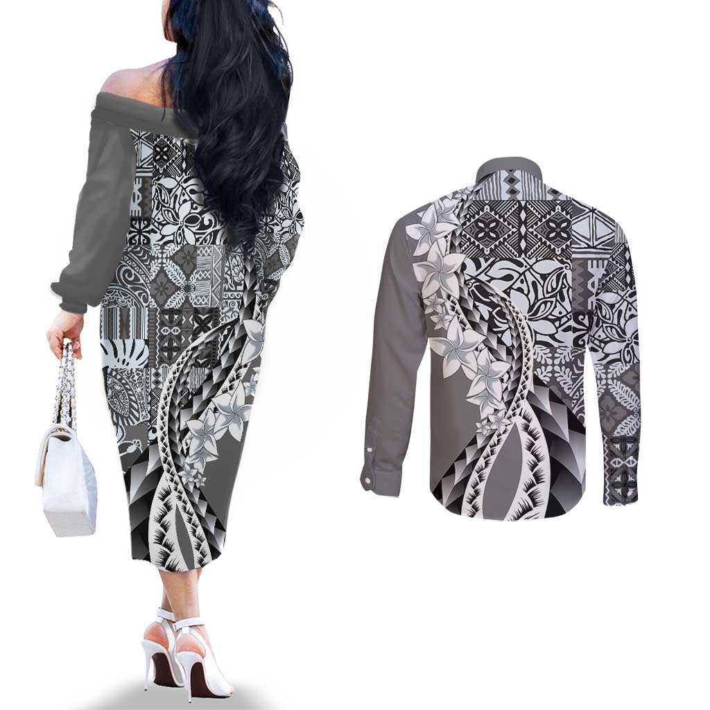 Aloha Vintage Plumeria Hawaiian Tapa Pattern Couples Matching Off The Shoulder Long Sleeve Dress and Long Sleeve Button Shirt Gray Hawaiian Tapa Pattern - Polynesian Pride
