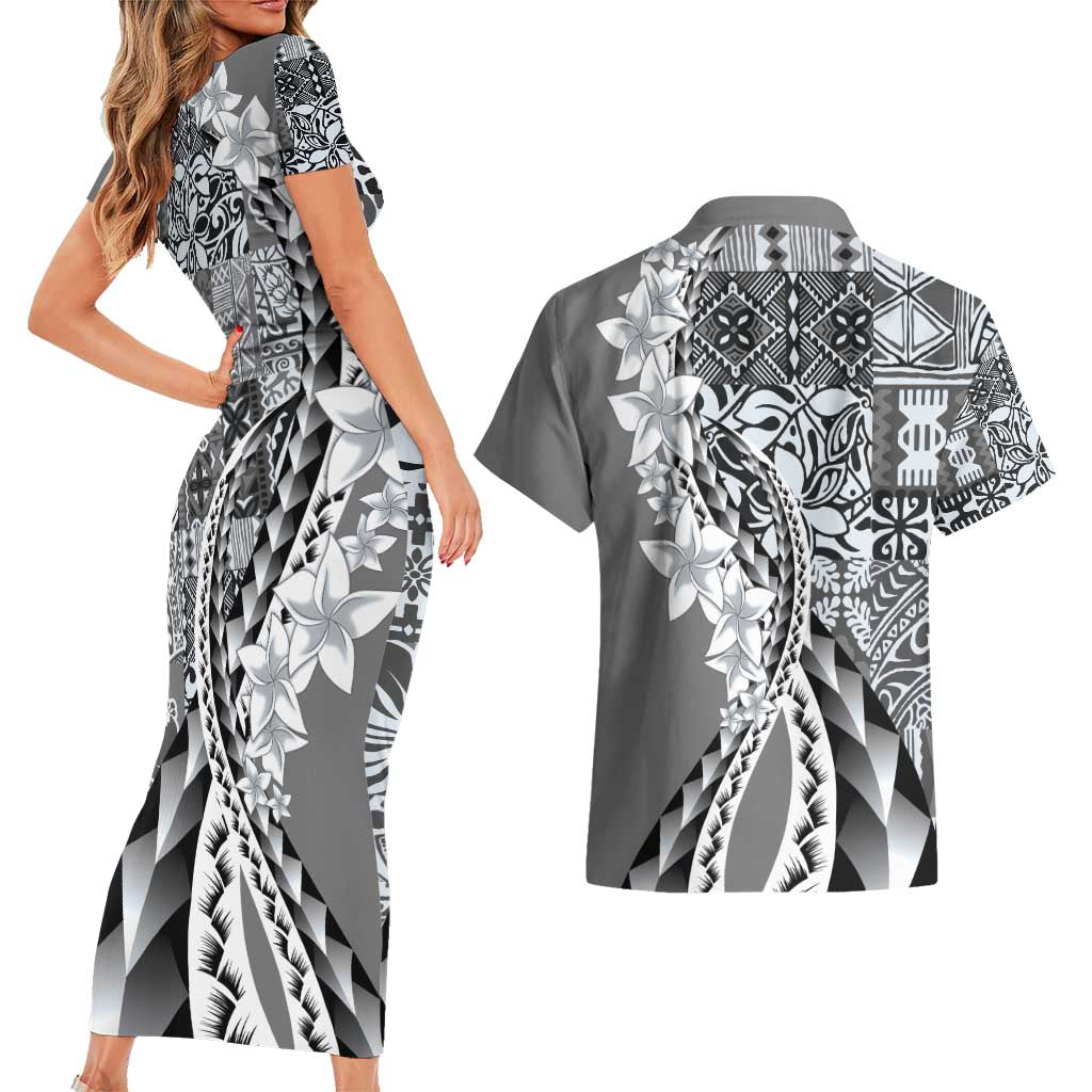 Aloha Vintage Plumeria Hawaiian Tapa Pattern Couples Matching Short Sleeve Bodycon Dress and Hawaiian Shirt Gray Hawaiian Tapa Pattern LT9 - Polynesian Pride