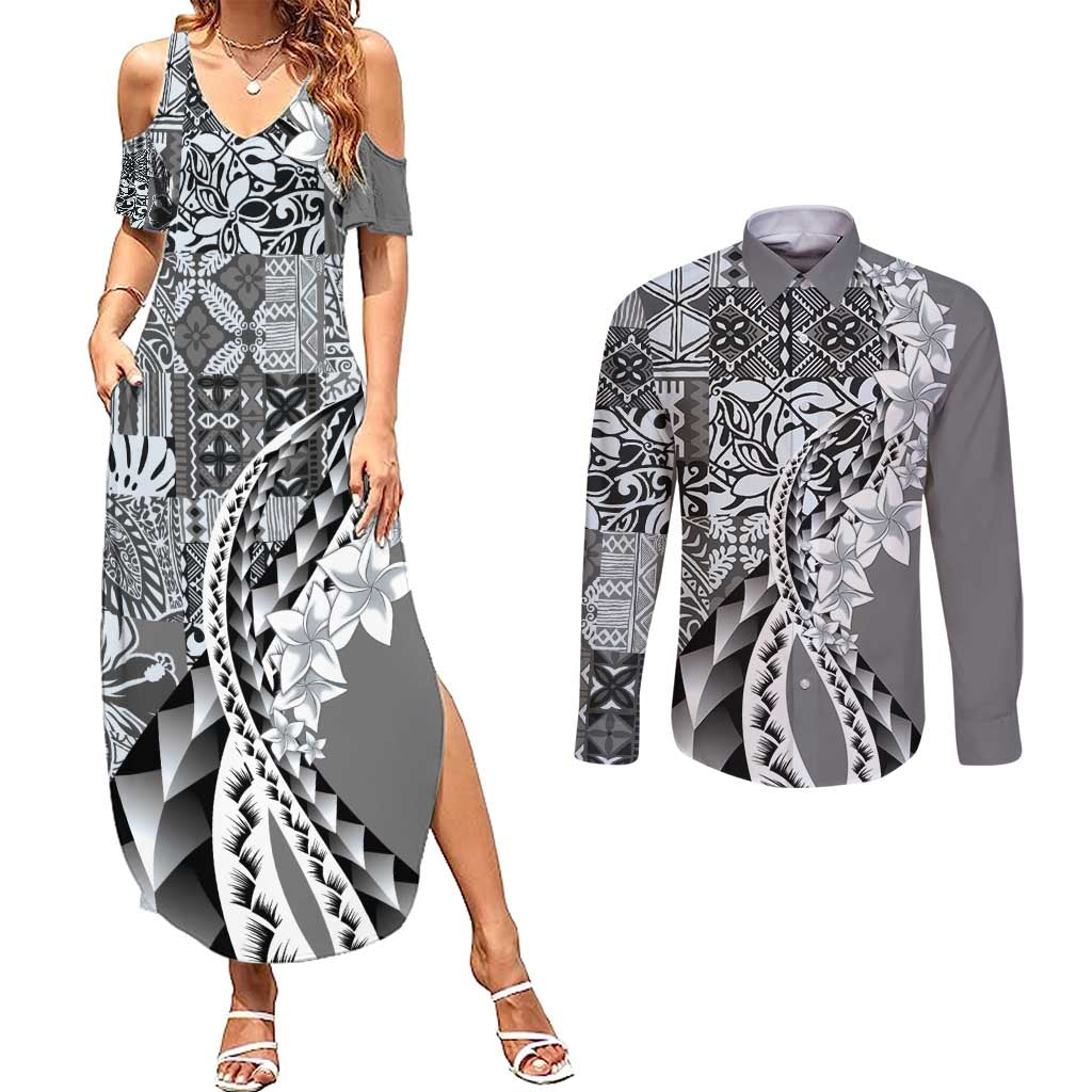 Aloha Vintage Plumeria Hawaiian Tapa Pattern Couples Matching Summer Maxi Dress and Long Sleeve Button Shirt Gray Hawaiian Tapa Pattern LT9 Gray - Polynesian Pride