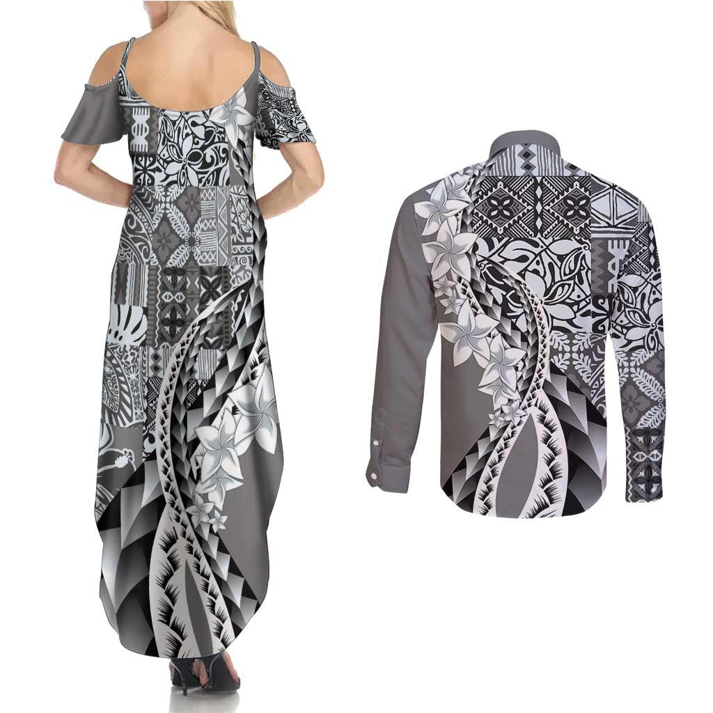 Aloha Vintage Plumeria Hawaiian Tapa Pattern Couples Matching Summer Maxi Dress and Long Sleeve Button Shirt Gray Hawaiian Tapa Pattern LT9 - Polynesian Pride