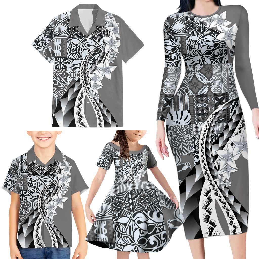 Aloha Vintage Plumeria Hawaiian Tapa Pattern Family Matching Long Sleeve Bodycon Dress and Hawaiian Shirt Gray Hawaiian Tapa Pattern LT9 - Polynesian Pride