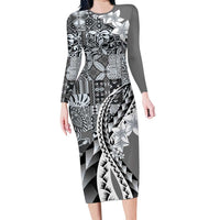 Aloha Vintage Plumeria Hawaiian Tapa Pattern Family Matching Long Sleeve Bodycon Dress and Hawaiian Shirt Gray Hawaiian Tapa Pattern LT9 Mom's Dress Gray - Polynesian Pride
