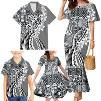 Aloha Vintage Plumeria Hawaiian Tapa Pattern Family Matching Mermaid Dress and Hawaiian Shirt Gray Hawaiian Tapa Pattern LT9 - Polynesian Pride