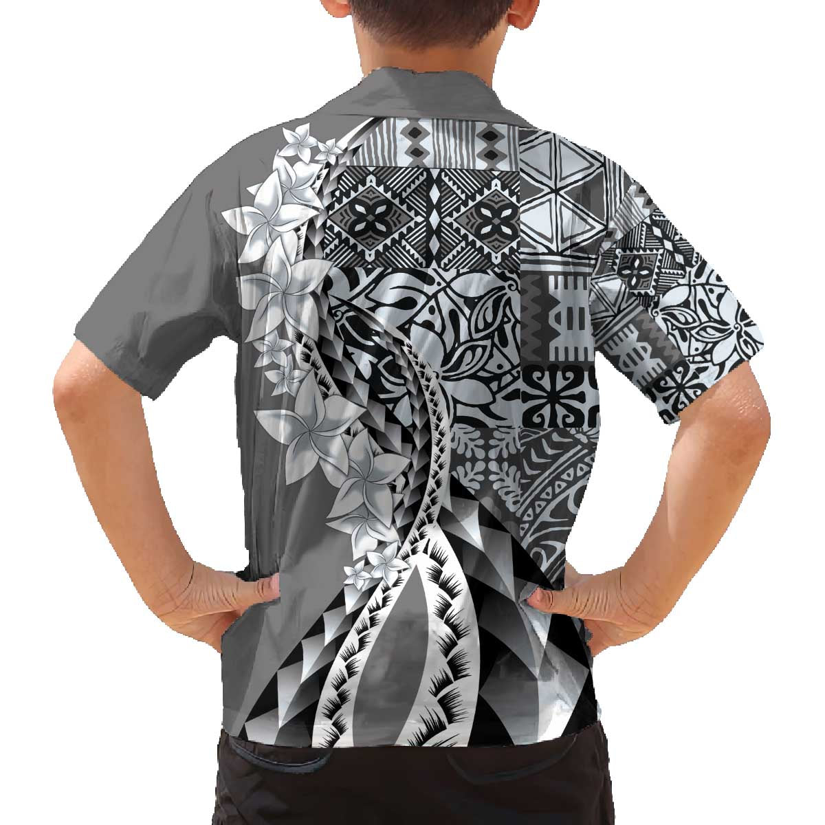 Aloha Vintage Plumeria Hawaiian Tapa Pattern Family Matching Off The Shoulder Long Sleeve Dress and Hawaiian Shirt Gray Hawaiian Tapa Pattern LT9 - Polynesian Pride