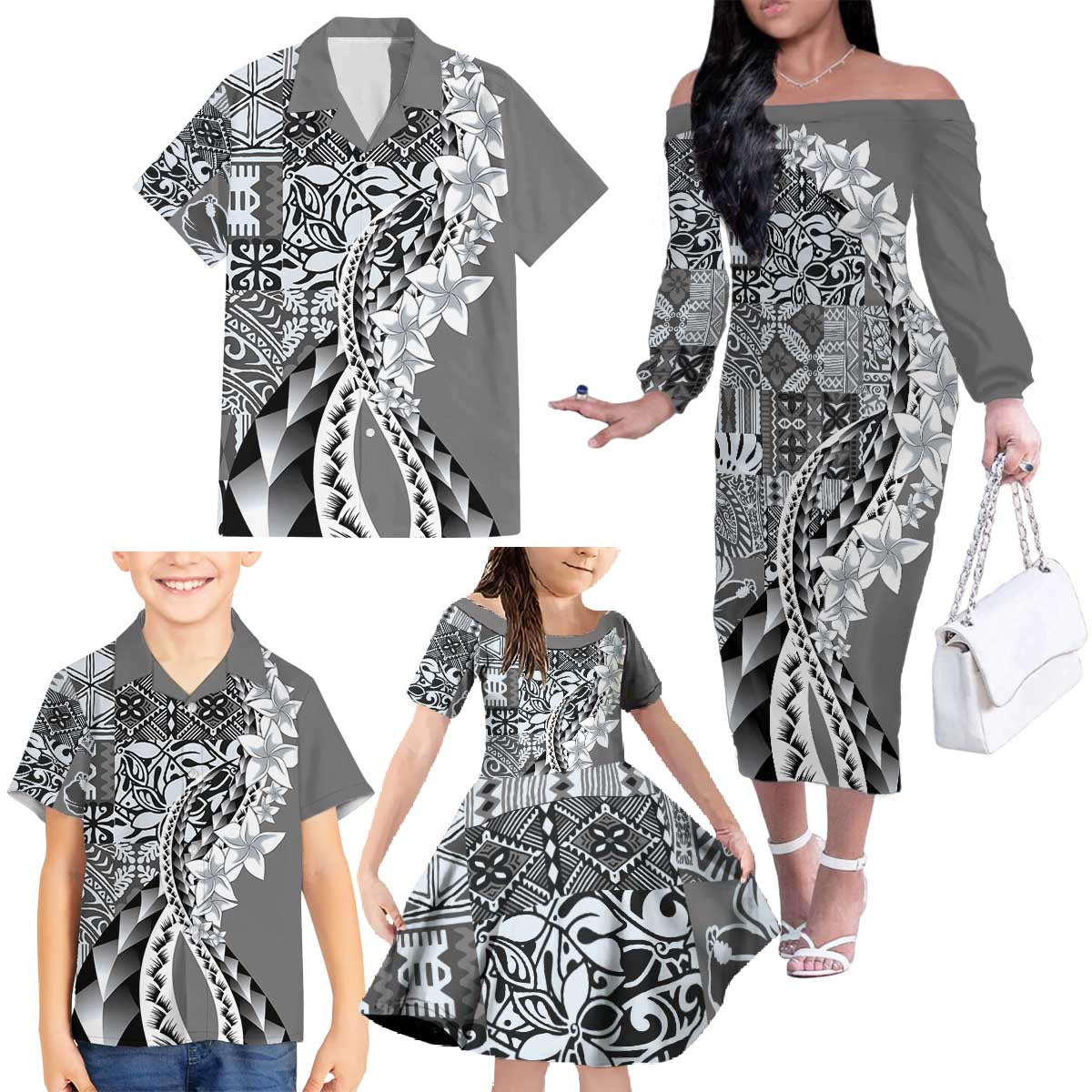 Aloha Vintage Plumeria Hawaiian Tapa Pattern Family Matching Off The Shoulder Long Sleeve Dress and Hawaiian Shirt Gray Hawaiian Tapa Pattern LT9 - Polynesian Pride