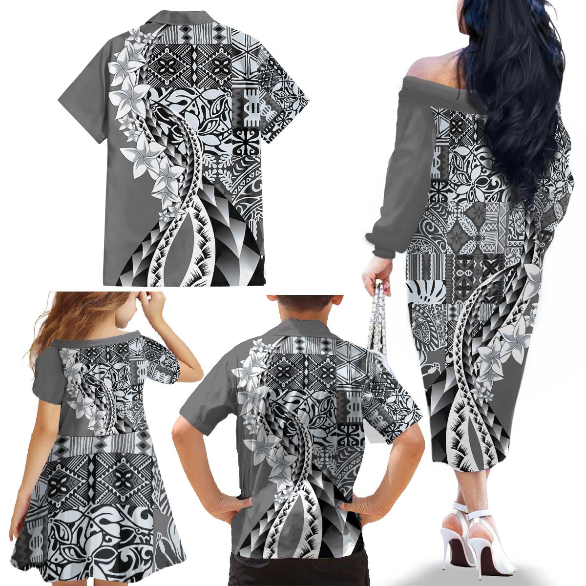 Aloha Vintage Plumeria Hawaiian Tapa Pattern Family Matching Off The Shoulder Long Sleeve Dress and Hawaiian Shirt Gray Hawaiian Tapa Pattern LT9 - Polynesian Pride