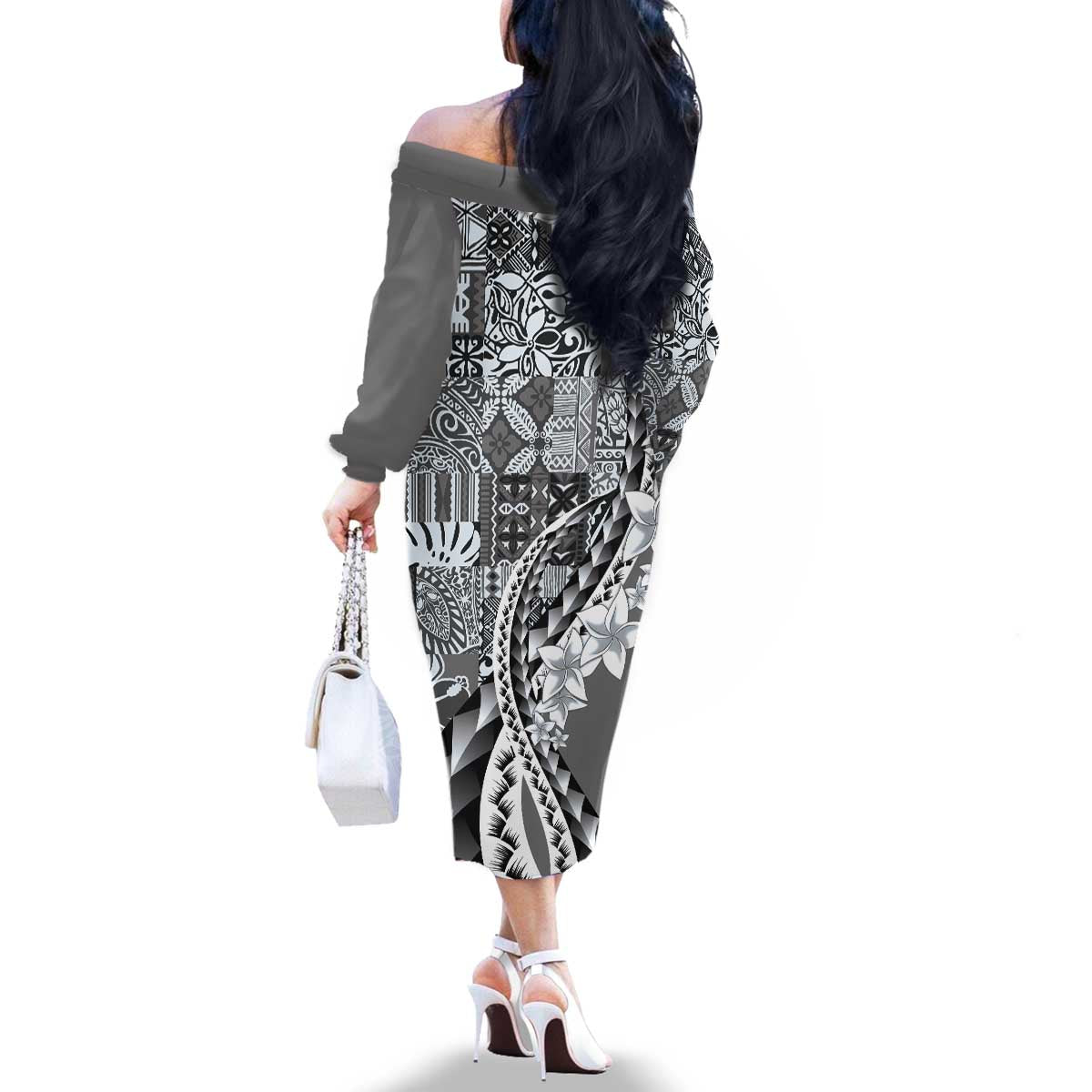 Aloha Vintage Plumeria Hawaiian Tapa Pattern Family Matching Off The Shoulder Long Sleeve Dress and Hawaiian Shirt Gray Hawaiian Tapa Pattern LT9 - Polynesian Pride