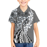 Aloha Vintage Plumeria Hawaiian Tapa Pattern Family Matching Off The Shoulder Long Sleeve Dress and Hawaiian Shirt Gray Hawaiian Tapa Pattern LT9 Son's Shirt Gray - Polynesian Pride