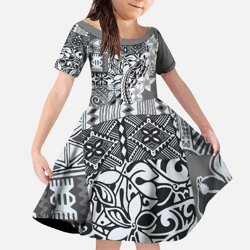 Aloha Vintage Plumeria Hawaiian Tapa Pattern Family Matching Off Shoulder Maxi Dress and Hawaiian Shirt Gray Hawaiian Tapa Pattern LT9 Daughter's Dress Gray - Polynesian Pride
