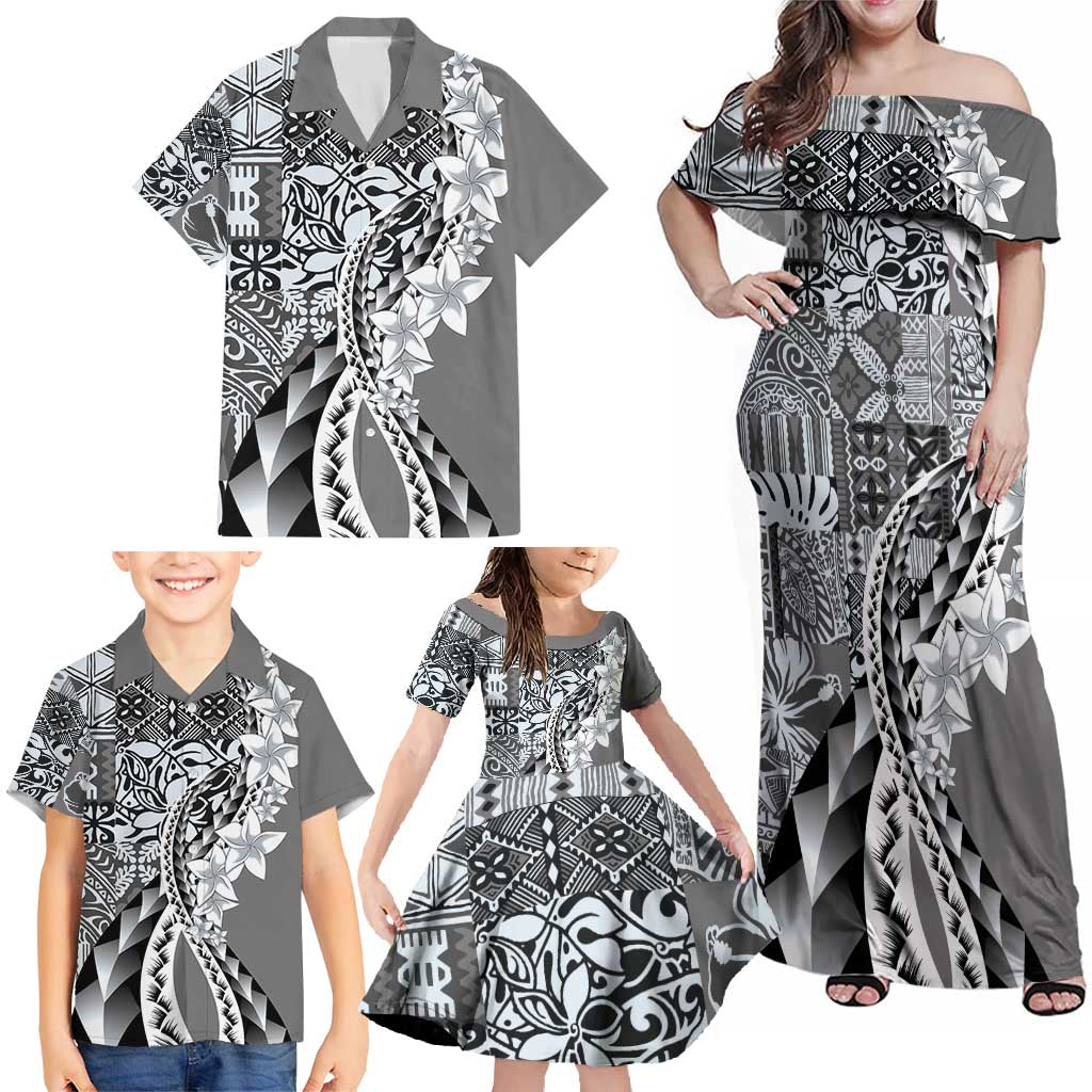 Aloha Vintage Plumeria Hawaiian Tapa Pattern Family Matching Off Shoulder Maxi Dress and Hawaiian Shirt Gray Hawaiian Tapa Pattern LT9 - Polynesian Pride