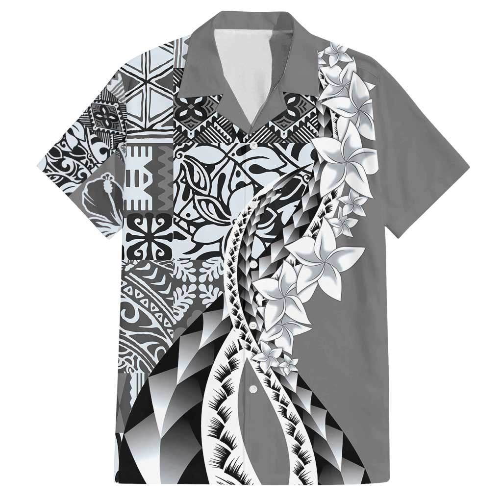 Aloha Vintage Plumeria Hawaiian Tapa Pattern Family Matching Off Shoulder Maxi Dress and Hawaiian Shirt Gray Hawaiian Tapa Pattern LT9 Dad's Shirt - Short Sleeve Gray - Polynesian Pride