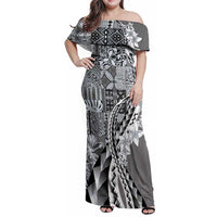 Aloha Vintage Plumeria Hawaiian Tapa Pattern Family Matching Off Shoulder Maxi Dress and Hawaiian Shirt Gray Hawaiian Tapa Pattern LT9 Mom's Dress Gray - Polynesian Pride