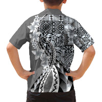 Aloha Vintage Plumeria Hawaiian Tapa Pattern Family Matching Off Shoulder Short Dress and Hawaiian Shirt Gray Hawaiian Tapa Pattern LT9 - Polynesian Pride