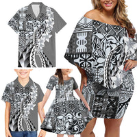 Aloha Vintage Plumeria Hawaiian Tapa Pattern Family Matching Off Shoulder Short Dress and Hawaiian Shirt Gray Hawaiian Tapa Pattern LT9 - Polynesian Pride