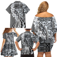 Aloha Vintage Plumeria Hawaiian Tapa Pattern Family Matching Off Shoulder Short Dress and Hawaiian Shirt Gray Hawaiian Tapa Pattern LT9 - Polynesian Pride
