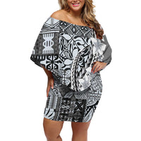 Aloha Vintage Plumeria Hawaiian Tapa Pattern Family Matching Off Shoulder Short Dress and Hawaiian Shirt Gray Hawaiian Tapa Pattern LT9 Mom's Dress Gray - Polynesian Pride