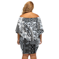 Aloha Vintage Plumeria Hawaiian Tapa Pattern Family Matching Off Shoulder Short Dress and Hawaiian Shirt Gray Hawaiian Tapa Pattern LT9 - Polynesian Pride