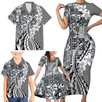 Aloha Vintage Plumeria Hawaiian Tapa Pattern Family Matching Short Sleeve Bodycon Dress and Hawaiian Shirt Gray Hawaiian Tapa Pattern LT9 - Polynesian Pride