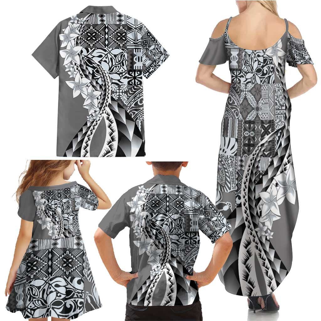 Aloha Vintage Plumeria Hawaiian Tapa Pattern Family Matching Summer Maxi Dress and Hawaiian Shirt Gray Hawaiian Tapa Pattern LT9 - Polynesian Pride