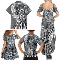 Aloha Vintage Plumeria Hawaiian Tapa Pattern Family Matching Summer Maxi Dress and Hawaiian Shirt Gray Hawaiian Tapa Pattern LT9 - Polynesian Pride
