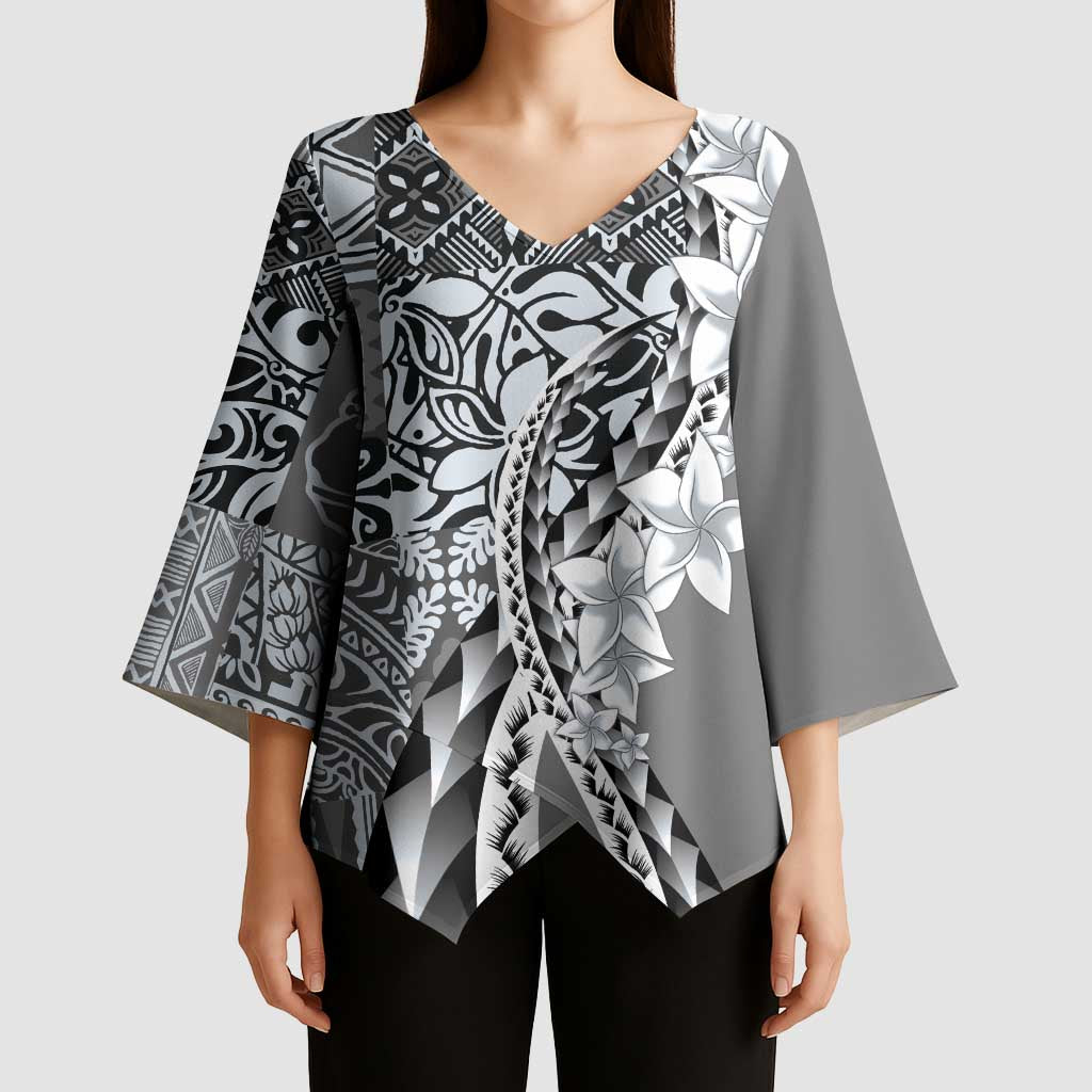 Aloha Vintage Plumeria Hawaiian Tapa Pattern Kimono Sleeve Blouse Gray Hawaiian Tapa Pattern - Polynesian Pride