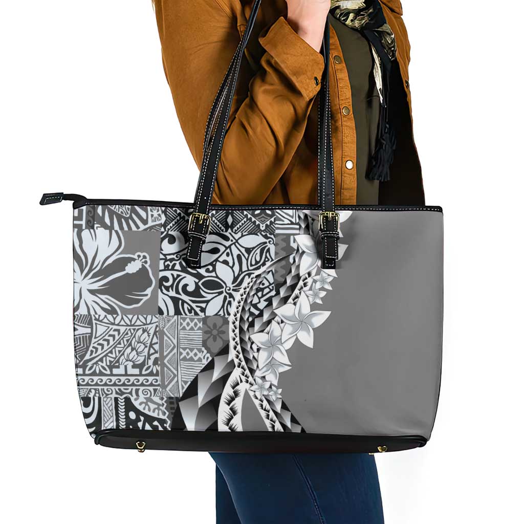 Aloha Vintage Plumeria Hawaiian Tapa Pattern Leather Tote Bag Gray Hawaiian Tapa Pattern - Polynesian Pride