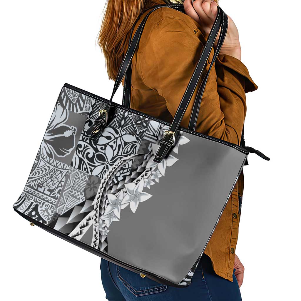 Aloha Vintage Plumeria Hawaiian Tapa Pattern Leather Tote Bag Gray Hawaiian Tapa Pattern - Polynesian Pride