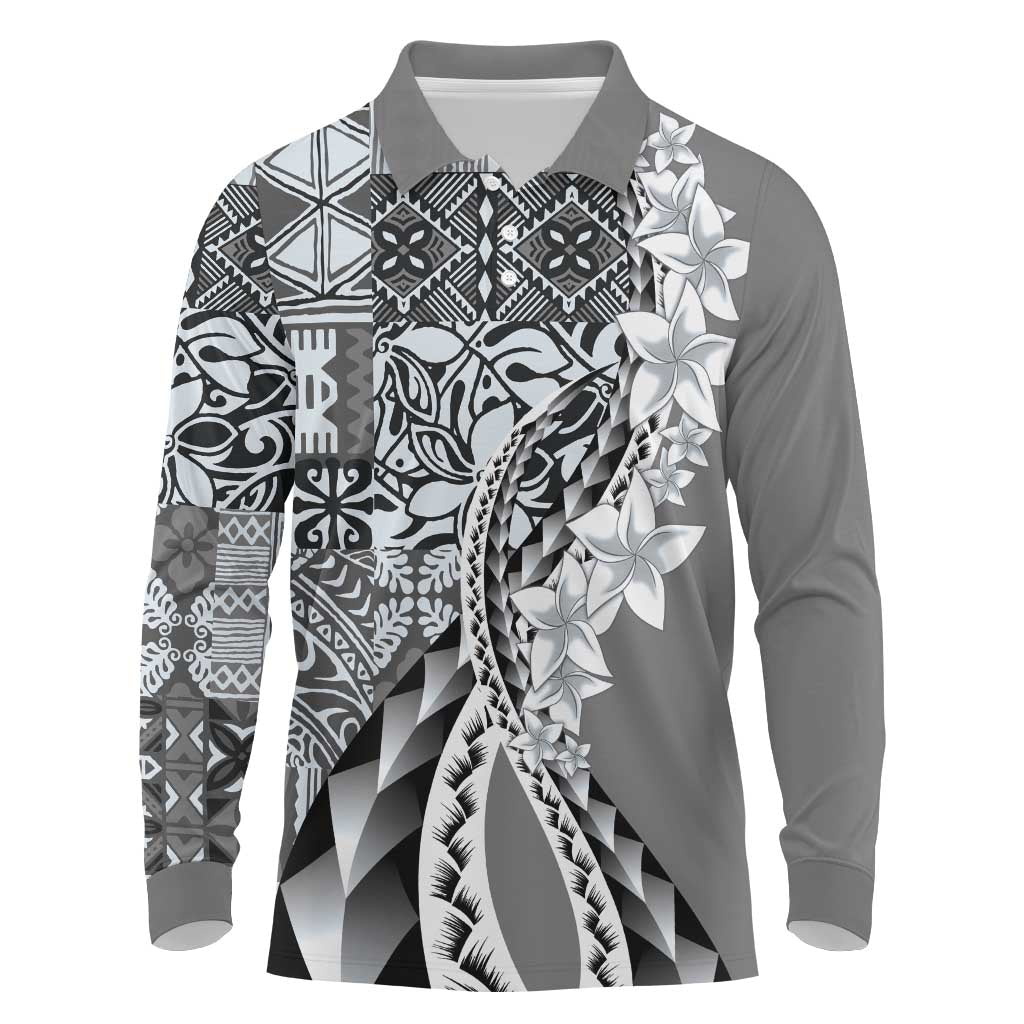 Aloha Vintage Plumeria Hawaiian Tapa Pattern Long Sleeve Polo Shirt Gray Hawaiian Tapa Pattern LT9 Gray - Polynesian Pride