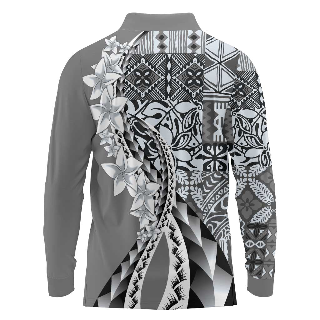 Aloha Vintage Plumeria Hawaiian Tapa Pattern Long Sleeve Polo Shirt Gray Hawaiian Tapa Pattern LT9 - Polynesian Pride