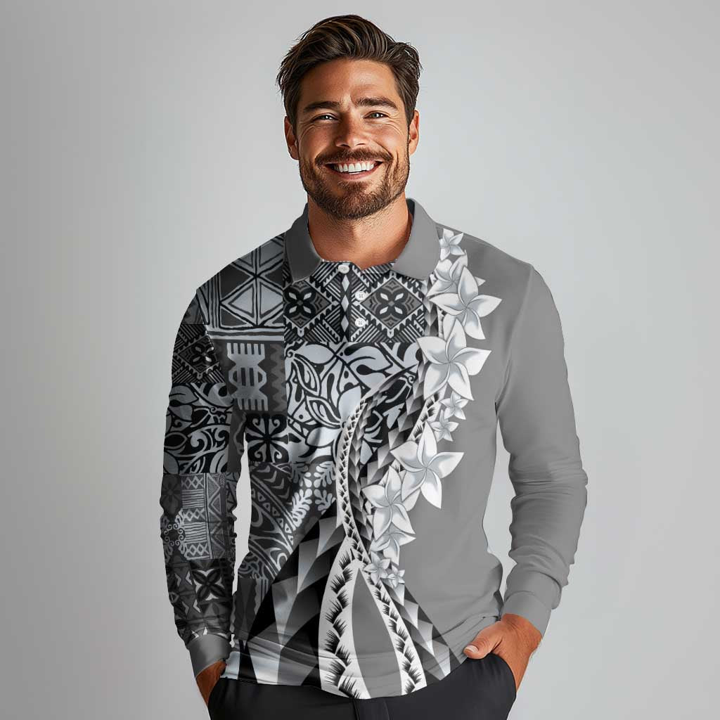 Aloha Vintage Plumeria Hawaiian Tapa Pattern Long Sleeve Polo Shirt Gray Hawaiian Tapa Pattern LT9 - Polynesian Pride