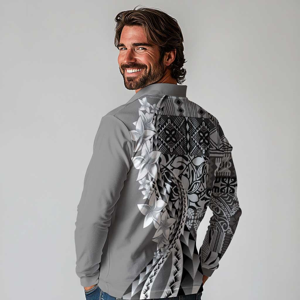 Aloha Vintage Plumeria Hawaiian Tapa Pattern Long Sleeve Polo Shirt Gray Hawaiian Tapa Pattern LT9 - Polynesian Pride