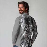 Aloha Vintage Plumeria Hawaiian Tapa Pattern Long Sleeve Polo Shirt Gray Hawaiian Tapa Pattern LT9 - Polynesian Pride