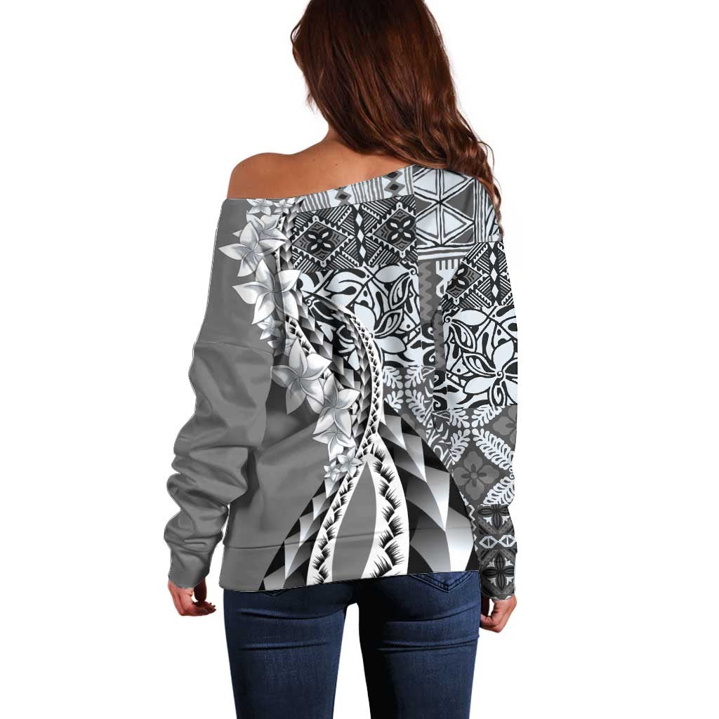 Aloha Vintage Plumeria Hawaiian Tapa Pattern Off Shoulder Sweater Gray Hawaiian Tapa Pattern - Polynesian Pride