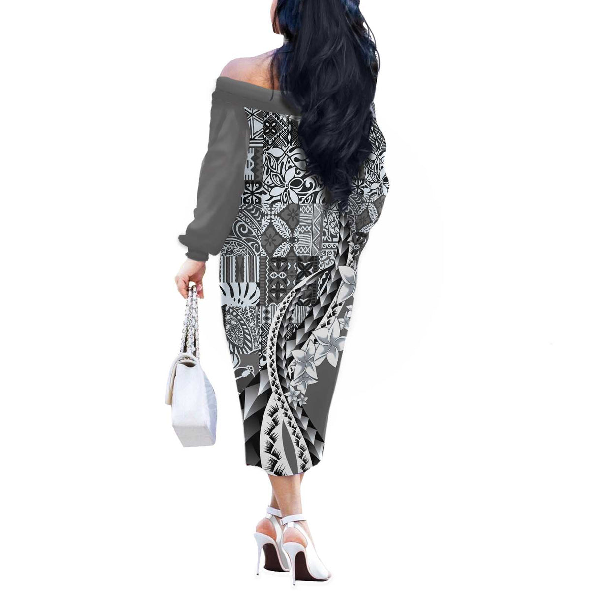 Aloha Vintage Plumeria Hawaiian Tapa Pattern Off The Shoulder Long Sleeve Dress Gray Hawaiian Tapa Pattern - Polynesian Pride