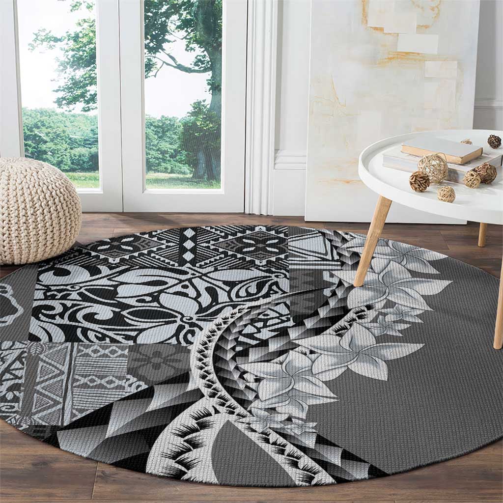 Aloha Vintage Plumeria Hawaiian Tapa Pattern Round Carpet Gray Hawaiian Tapa Pattern - Polynesian Pride