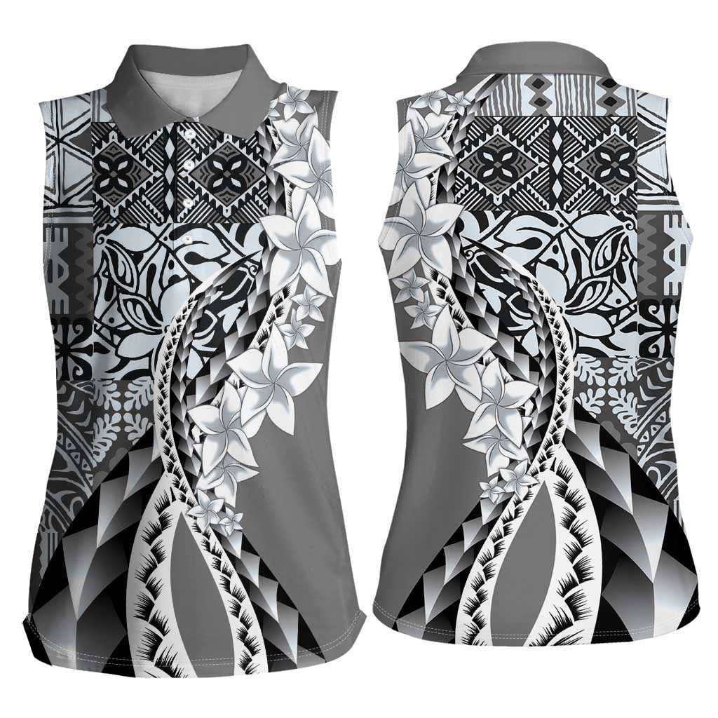 Aloha Vintage Plumeria Hawaiian Tapa Pattern Women Sleeveless Polo Shirt Gray Hawaiian Tapa Pattern - Polynesian Pride