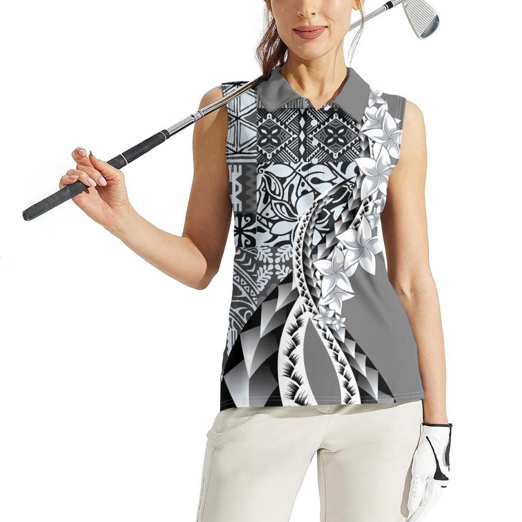 Aloha Vintage Plumeria Hawaiian Tapa Pattern Women Sleeveless Polo Shirt Gray Hawaiian Tapa Pattern - Polynesian Pride