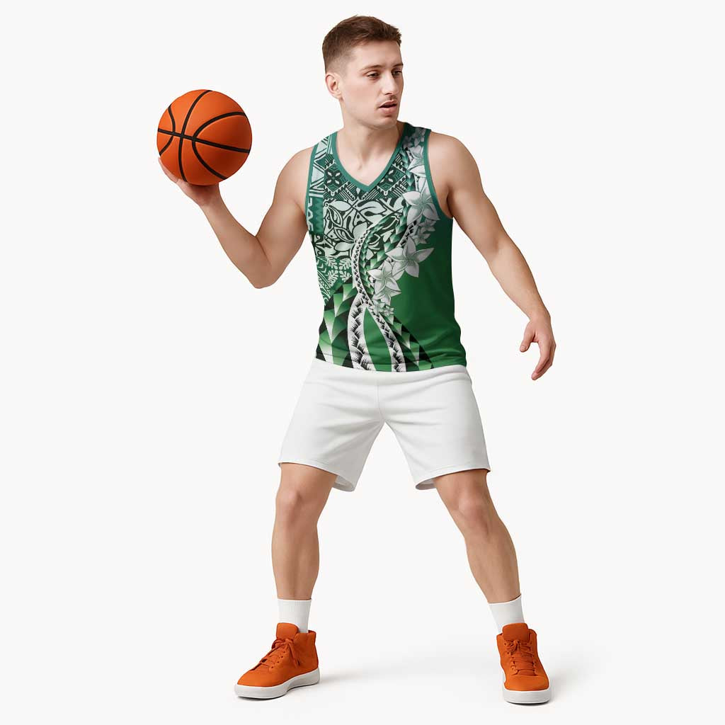 Aloha Vintage Plumeria Hawaiian Tapa Pattern Basketball Jersey Green Hawaiian Tapa Pattern - Polynesian Pride