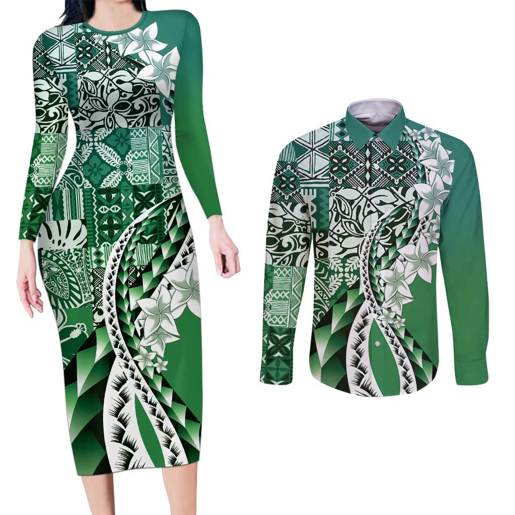 Aloha Vintage Plumeria Hawaiian Tapa Pattern Couples Matching Long Sleeve Bodycon Dress and Long Sleeve Button Shirt Green Hawaiian Tapa Pattern - Polynesian Pride