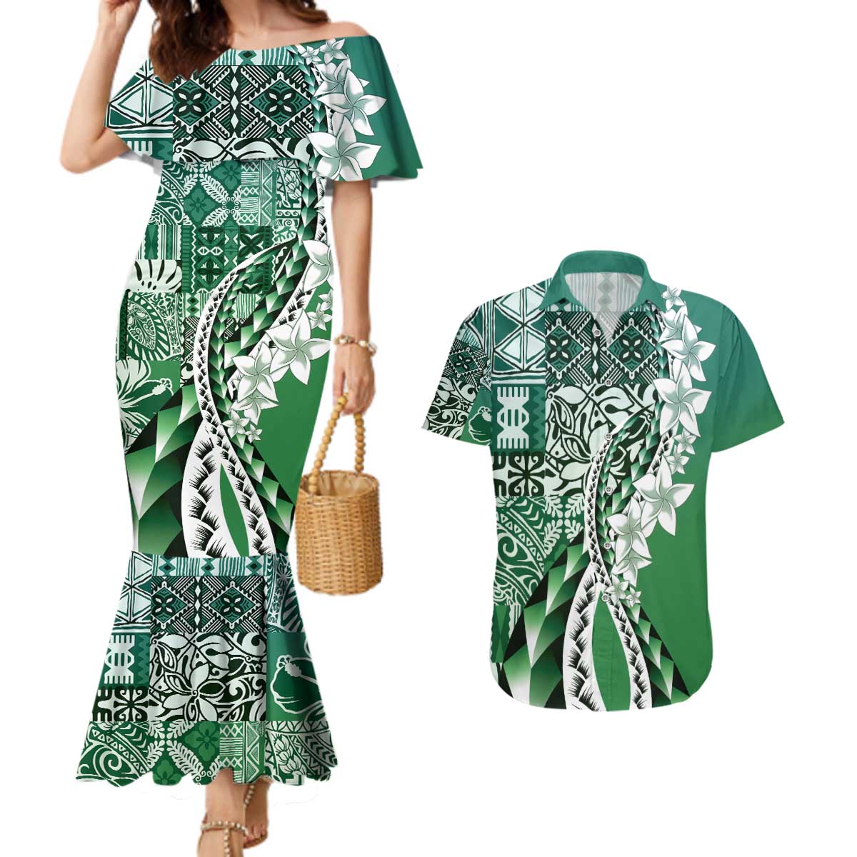 Aloha Vintage Plumeria Hawaiian Tapa Pattern Couples Matching Mermaid Dress and Hawaiian Shirt Green Hawaiian Tapa Pattern - Polynesian Pride