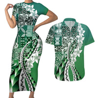 Aloha Vintage Plumeria Hawaiian Tapa Pattern Couples Matching Short Sleeve Bodycon Dress and Hawaiian Shirt Green Hawaiian Tapa Pattern LT9 Green - Polynesian Pride
