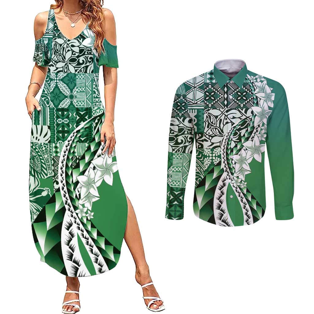 Aloha Vintage Plumeria Hawaiian Tapa Pattern Couples Matching Summer Maxi Dress and Long Sleeve Button Shirt Green Hawaiian Tapa Pattern - Polynesian Pride