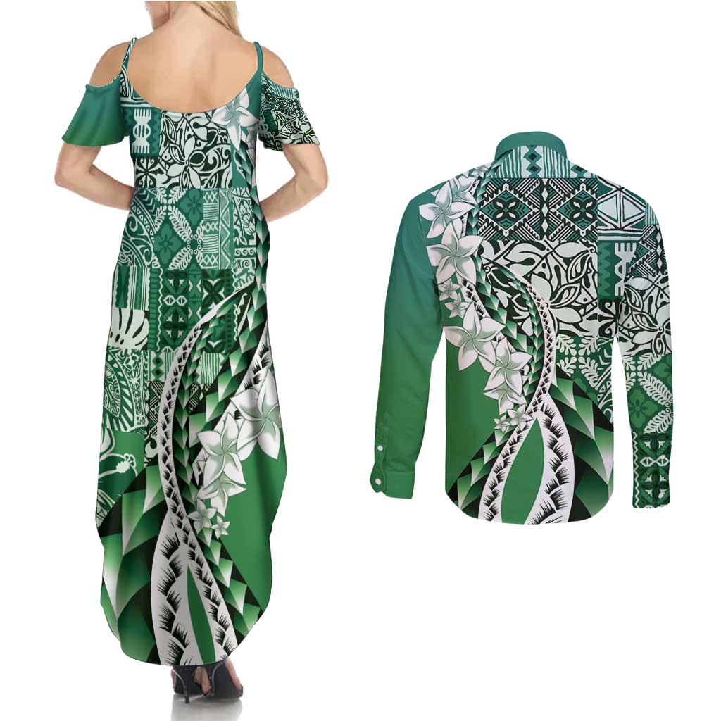 Aloha Vintage Plumeria Hawaiian Tapa Pattern Couples Matching Summer Maxi Dress and Long Sleeve Button Shirt Green Hawaiian Tapa Pattern - Polynesian Pride