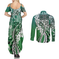 Aloha Vintage Plumeria Hawaiian Tapa Pattern Couples Matching Summer Maxi Dress and Long Sleeve Button Shirt Green Hawaiian Tapa Pattern - Polynesian Pride