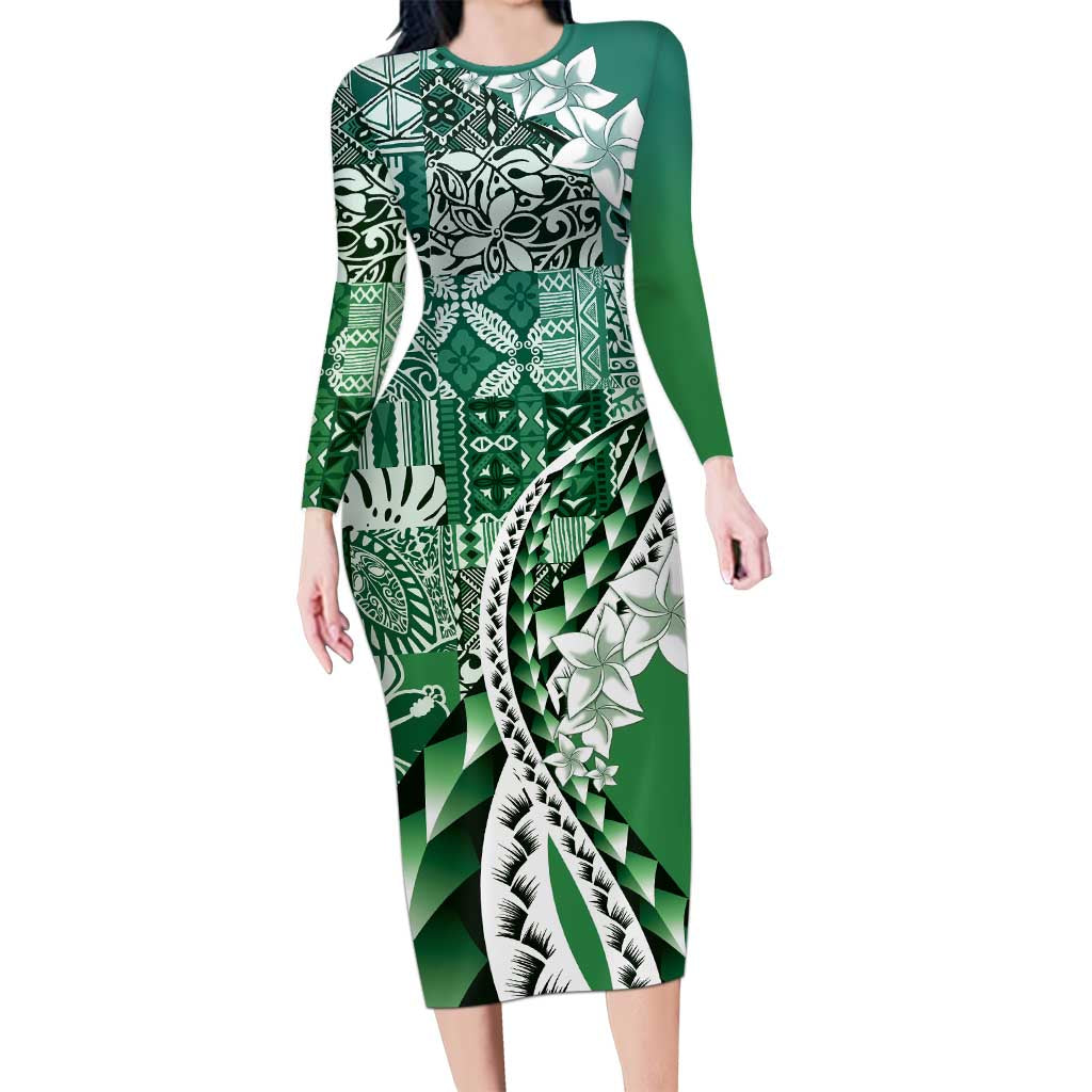 Aloha Vintage Plumeria Hawaiian Tapa Pattern Family Matching Long Sleeve Bodycon Dress and Hawaiian Shirt Green Hawaiian Tapa Pattern LT9 Mom's Dress Green - Polynesian Pride