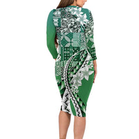 Aloha Vintage Plumeria Hawaiian Tapa Pattern Family Matching Long Sleeve Bodycon Dress and Hawaiian Shirt Green Hawaiian Tapa Pattern LT9 - Polynesian Pride
