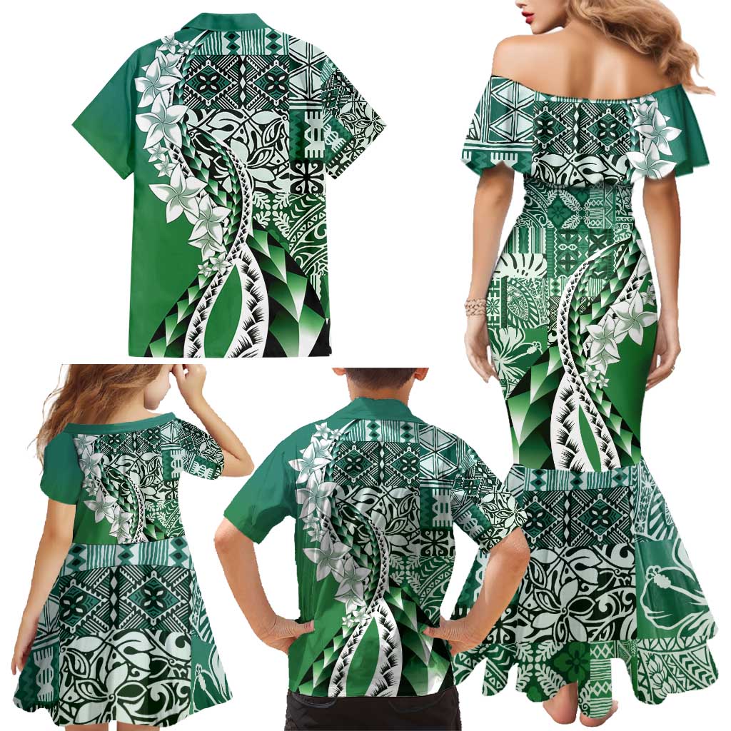 Aloha Vintage Plumeria Hawaiian Tapa Pattern Family Matching Mermaid Dress and Hawaiian Shirt Green Hawaiian Tapa Pattern LT9 - Polynesian Pride