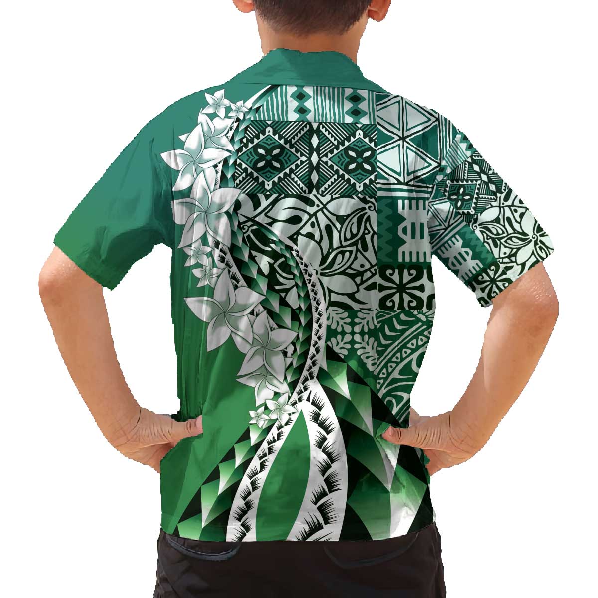 Aloha Vintage Plumeria Hawaiian Tapa Pattern Family Matching Off The Shoulder Long Sleeve Dress and Hawaiian Shirt Green Hawaiian Tapa Pattern LT9 - Polynesian Pride