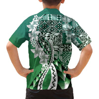 Aloha Vintage Plumeria Hawaiian Tapa Pattern Family Matching Off The Shoulder Long Sleeve Dress and Hawaiian Shirt Green Hawaiian Tapa Pattern LT9 - Polynesian Pride